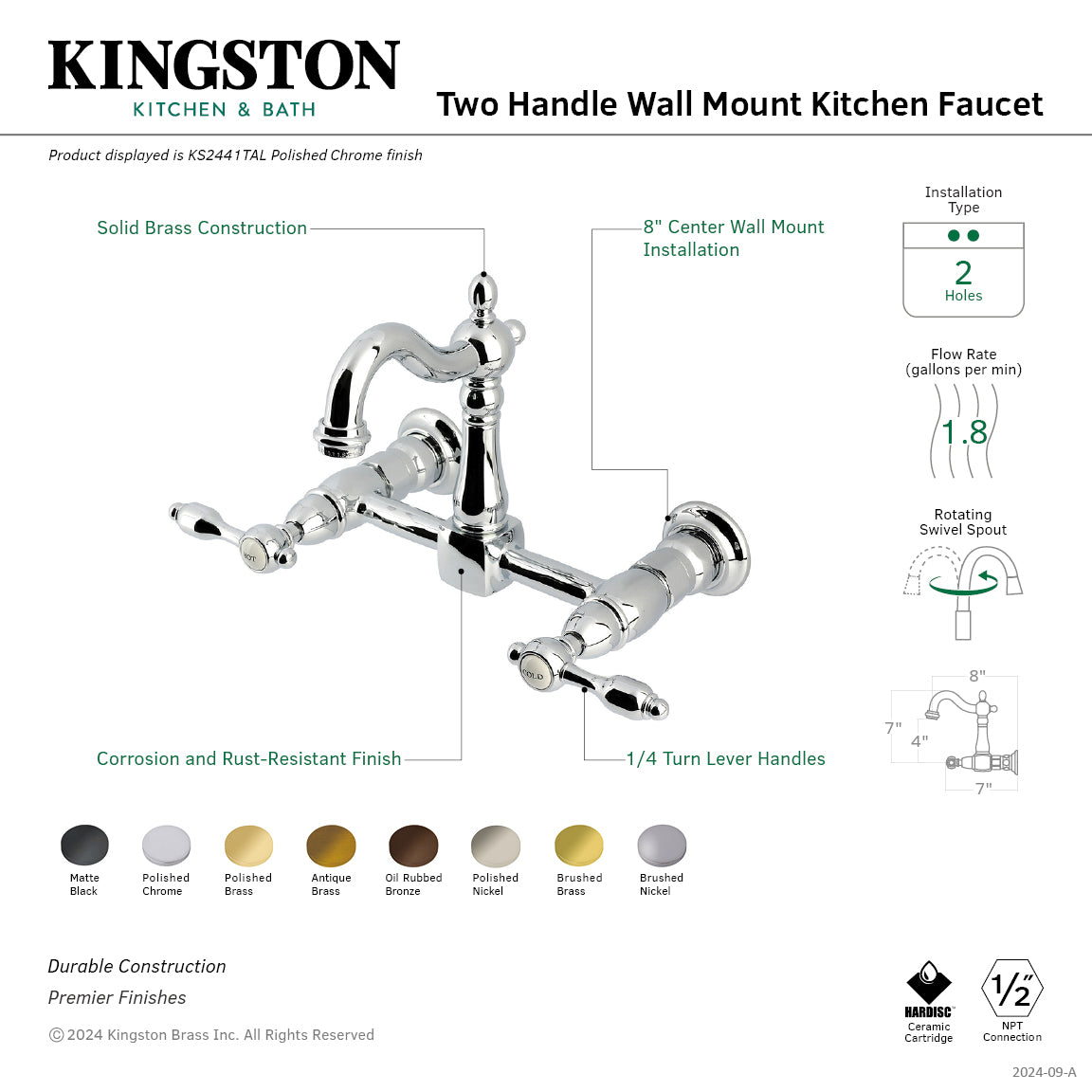Kingston Heirloom KS2442TAL - Tudor Two-Handle 2-Hole Wall Mount Bridge Kitchen Faucet, Polished Brass — thumbnail 2